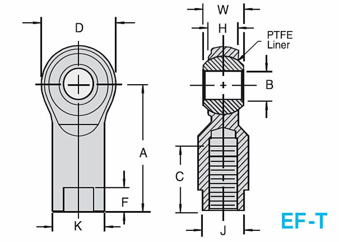 EM-T / EF-T قضيب الفولاذ المقاوم للصدأ Heim Joint Rod ينتهي 2 - قطعة PTFE اصطف للصناعة